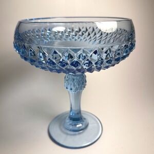 Vintage Ice Blue Indiana Glass Diamond Point Pedestal Compote Candy Dish